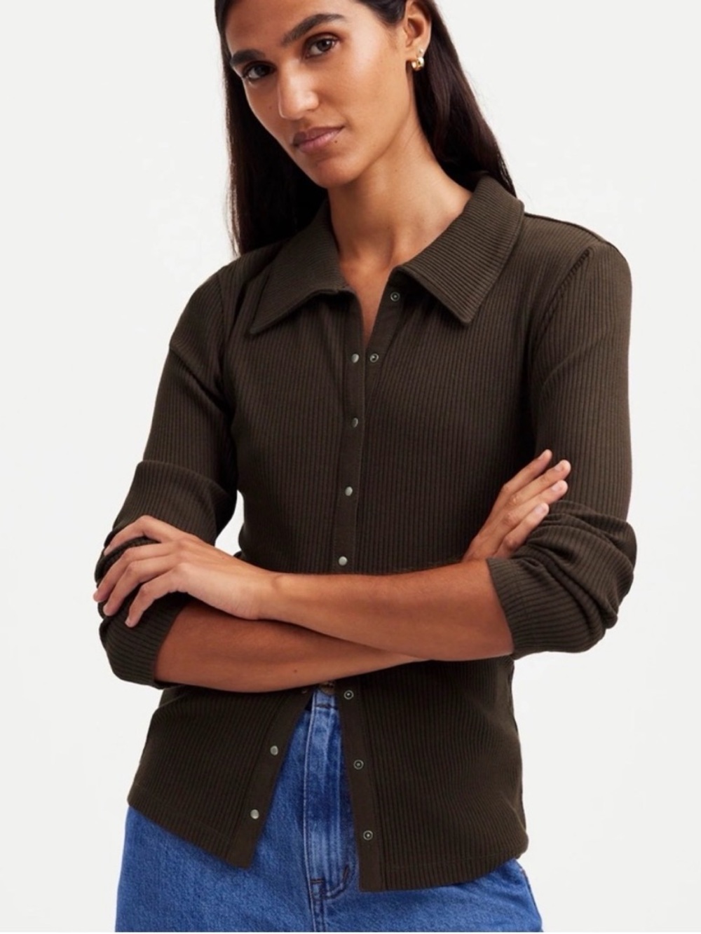 Madewell Dark Brown Ribbed Snap-Front Collared Top
